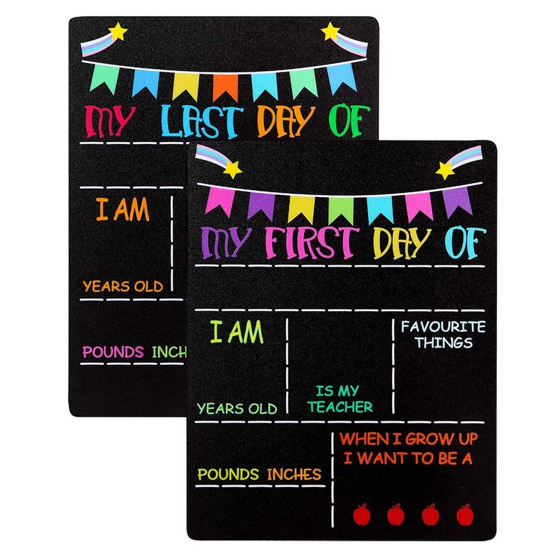 PETCEE First Day of School Sign - Double Sided First and Last Day of School Chalkboard Sign 9"x 12" 1st Day of Preschool Pre-K Kindergarten Photo Props Gifts for Kids Girls Boys Daughter Son - Image 1